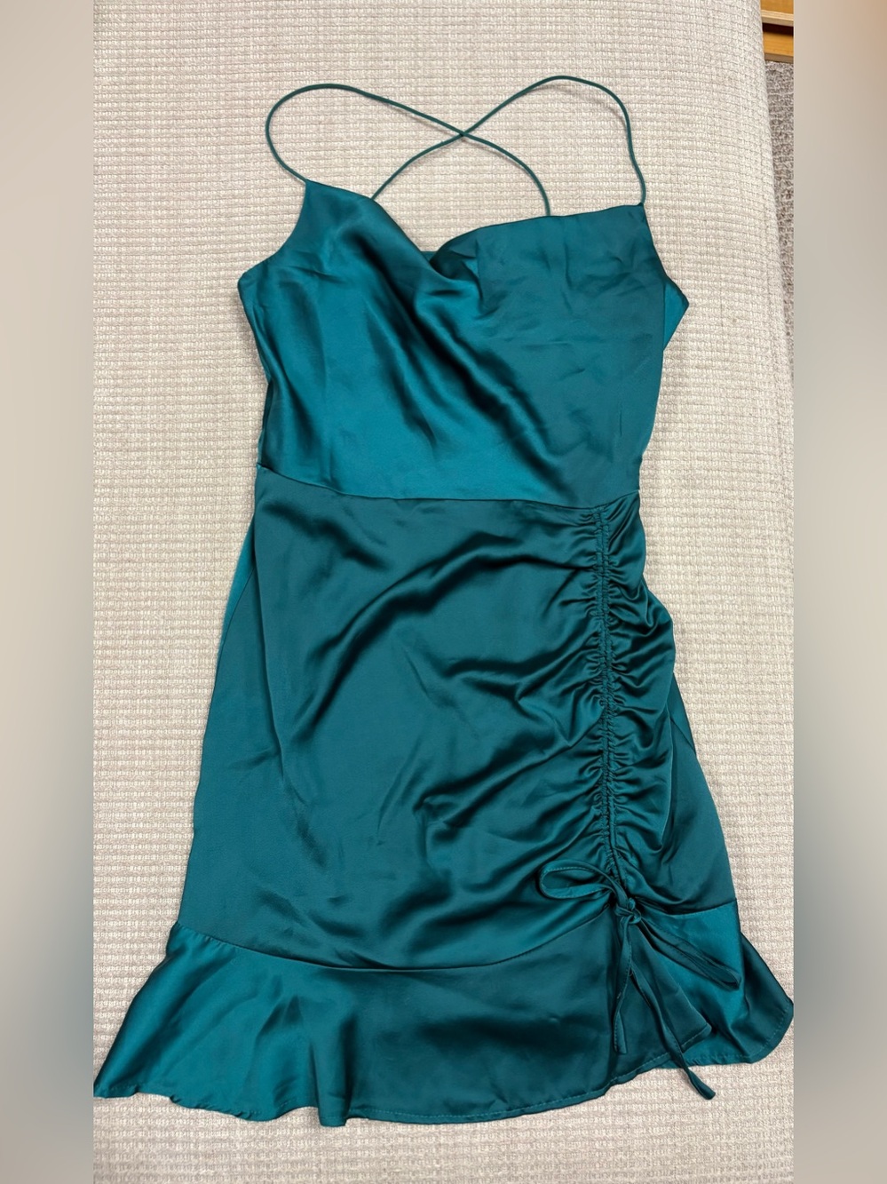She + Sky Emerald Satin Ruched Slip Midi Dress